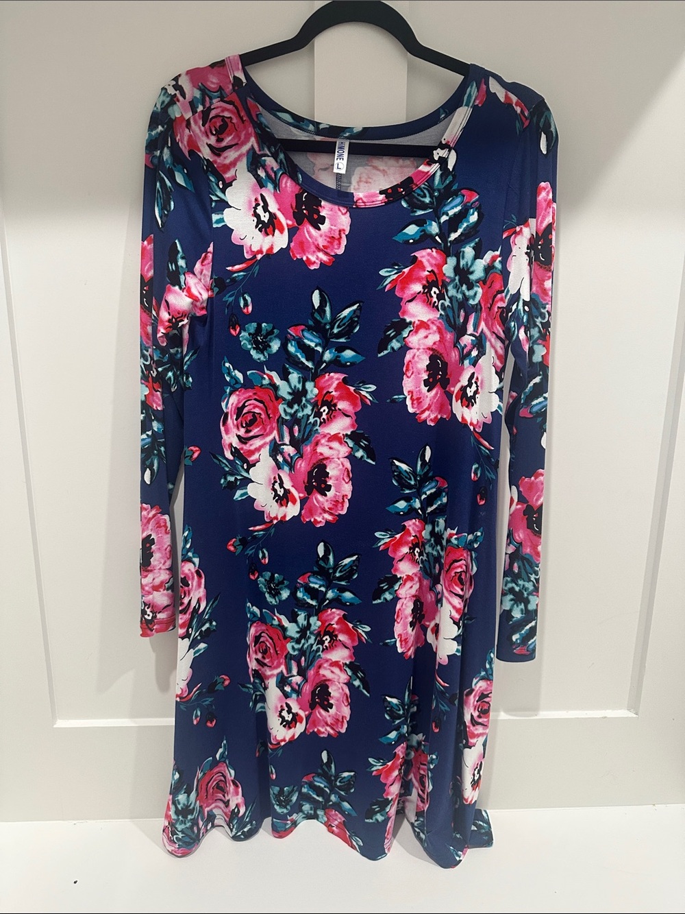 Navy Floral Midi Dress with Pink Rose Print